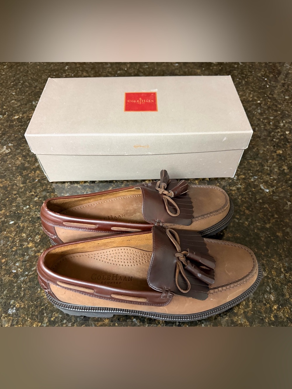 Cole Haan Two-Tone Brown Leather Kiltie Tassel Slip-Ons